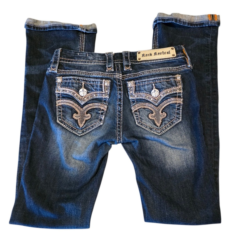 Rock Revival Drew Bootcut Jeans Women Size 25 Dark Wash Distressed Rhinestone - Picture 2 of 14